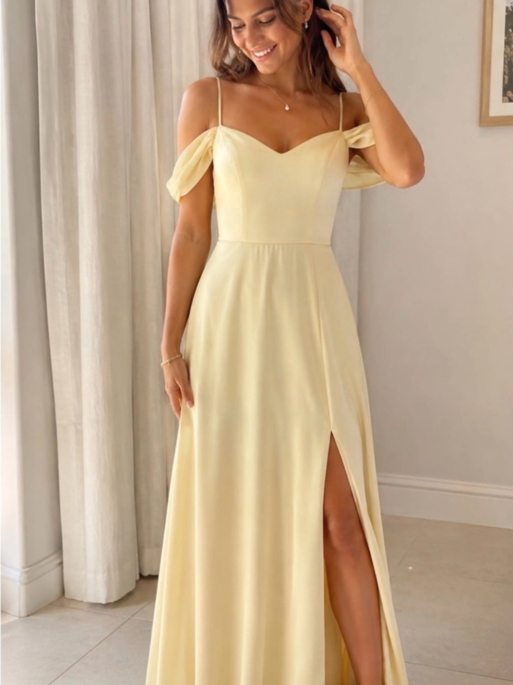 Sequin Hearts Yellow Cream Off-Shoulder Slit Maxi Dress